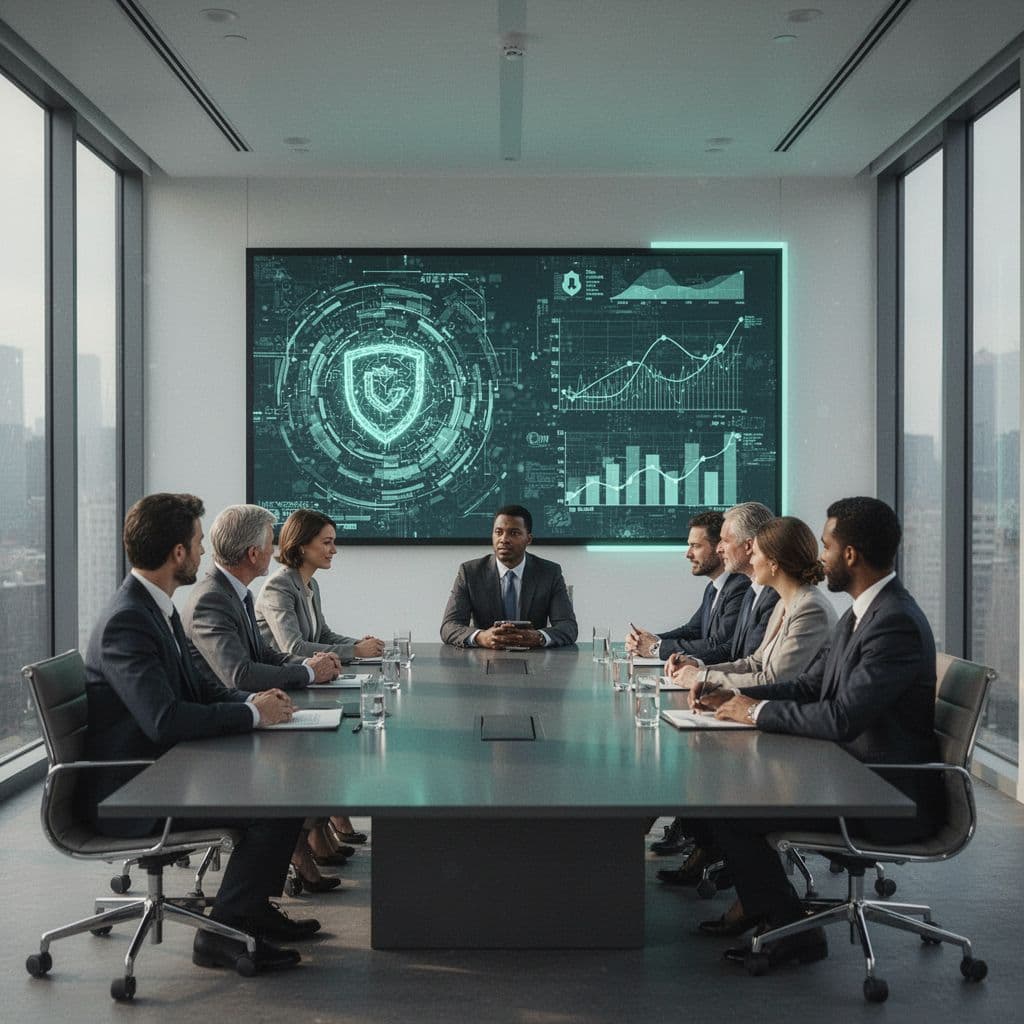 Minimalist boardroom scene with professionals viewing abstract cyber security graphs on large display.