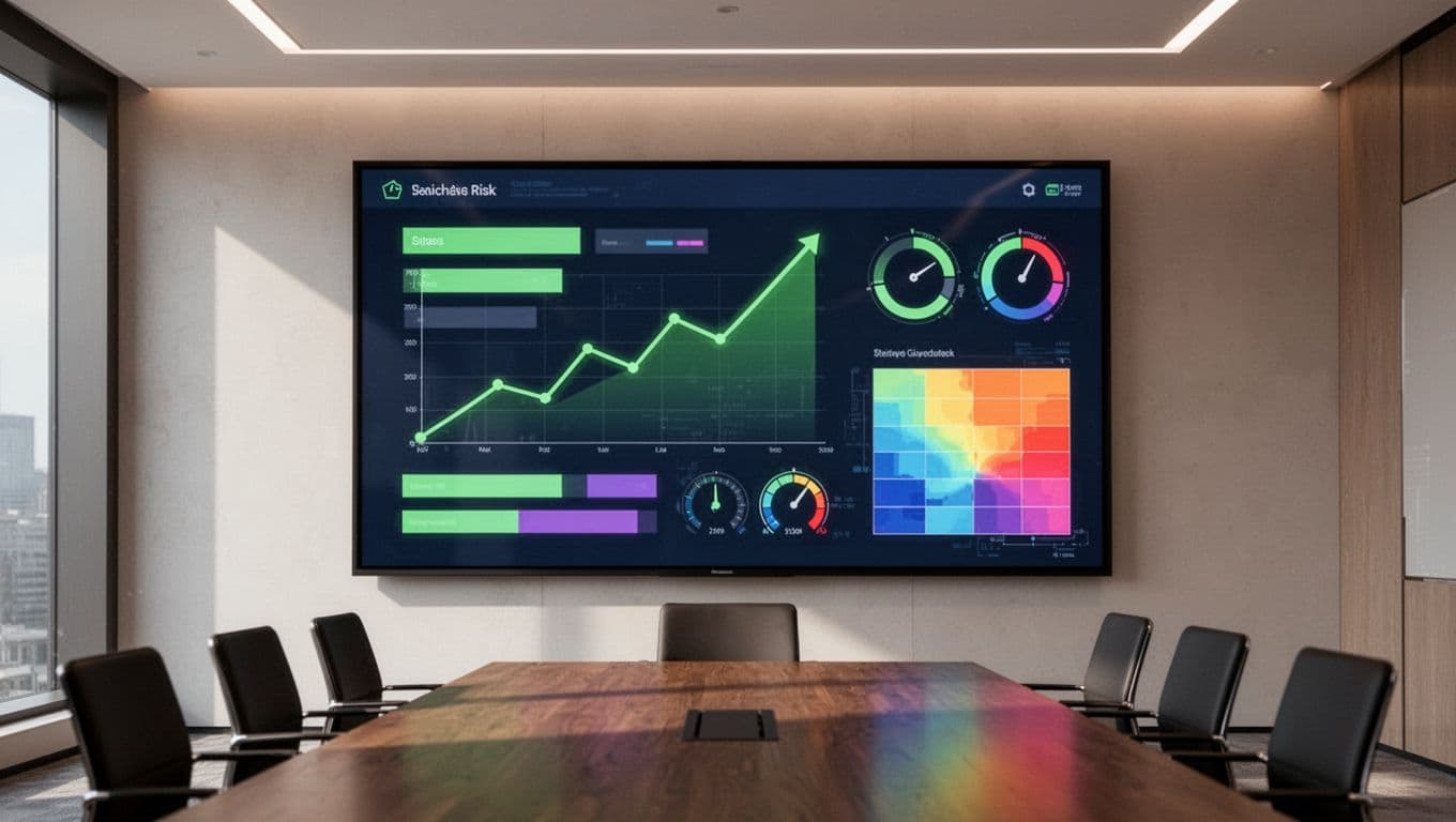 Large screen in modern boardroom displays cyber risk dashboard with green threat trend chart, compliance bars, incident gauges, and risk heat map.