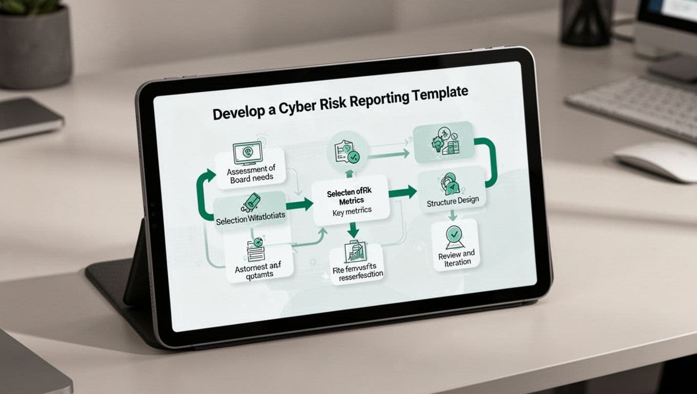 Digital tablet on office desk displays simple flowchart with icons for cyber risk reporting template steps.