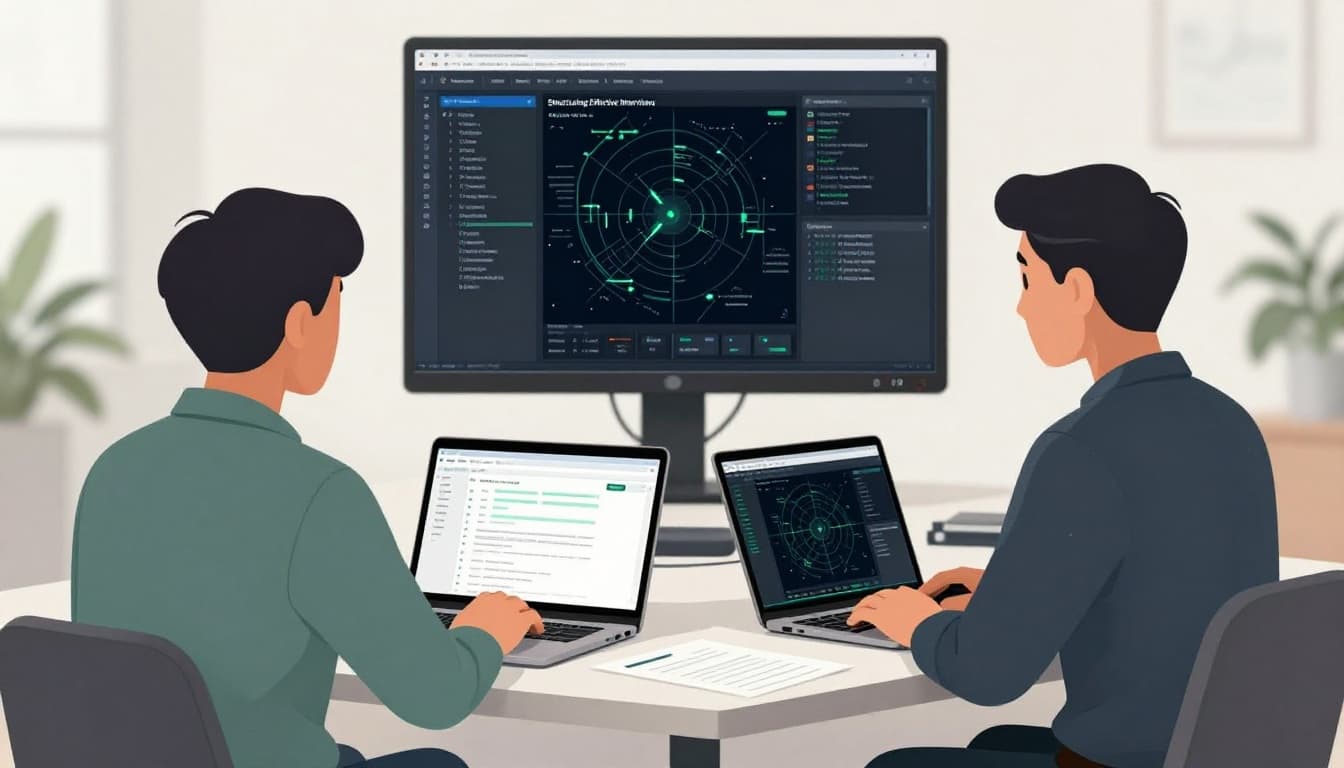 Hiring manager interviews cyber threat analyst candidate across table with laptops showing blurred threat maps and logs in office.