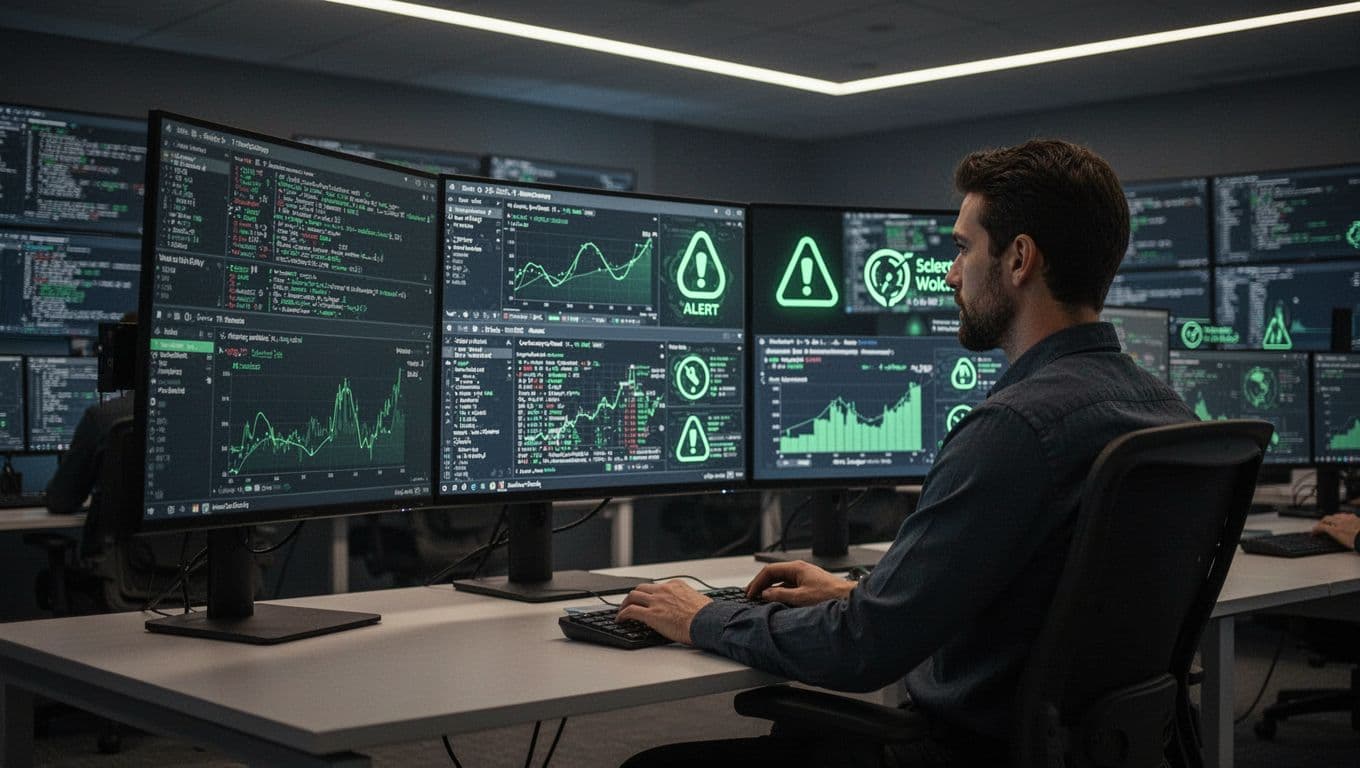 Analyst at desk reviews multiple screens with threat data, charts, and alerts in SOC room.