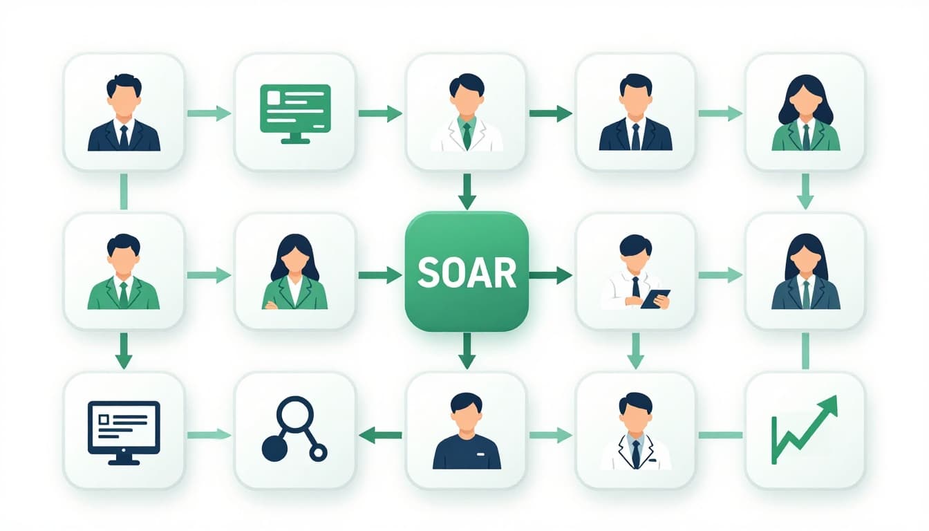 Icons of threat intel report, SIEM alert, SOAR playbook, and collaboration meeting arranged in workflow diagram on digital board with green connections.