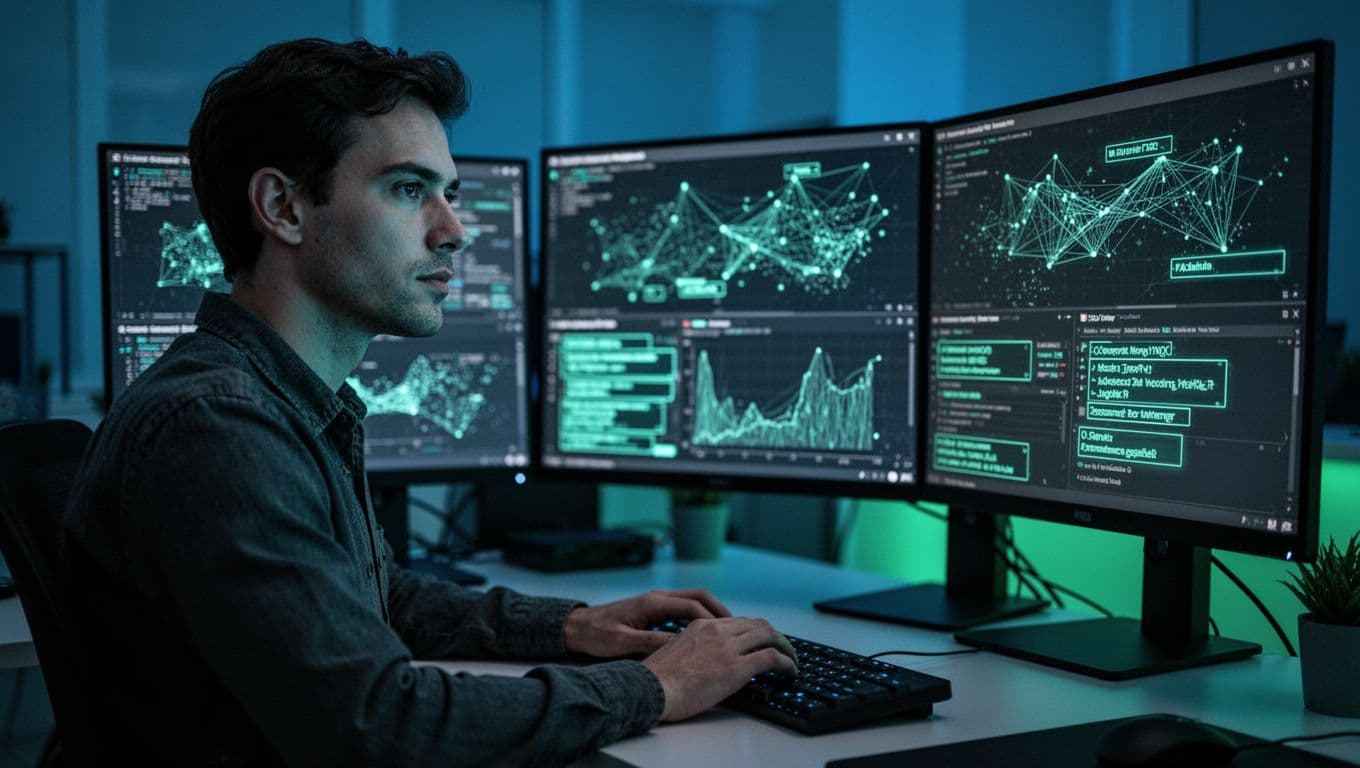 Cybersecurity analyst focuses on multi-monitor setup displaying network graphs, green EDR alerts, and hypothesis diagrams in dim office.