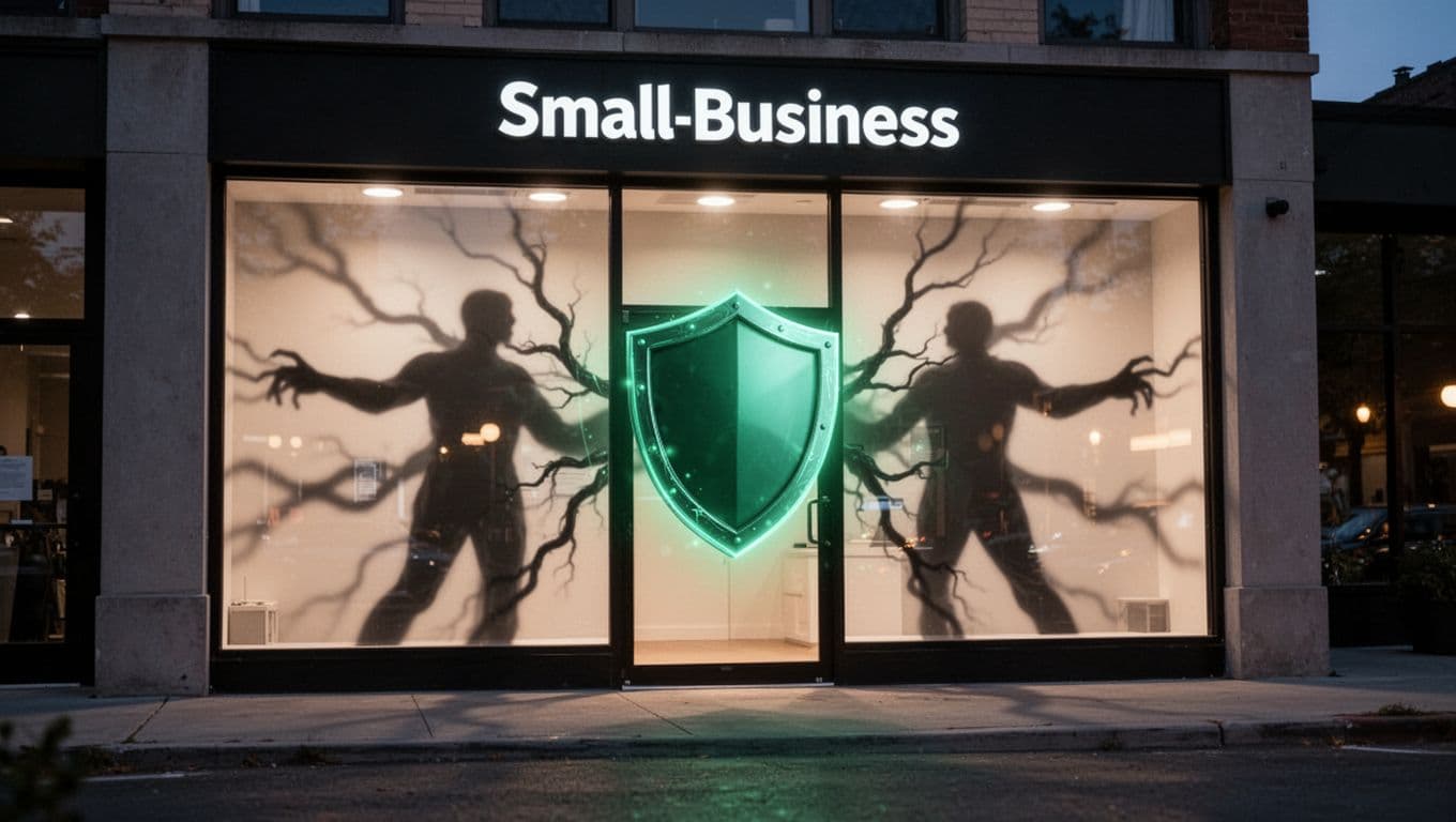Shadows of phishing and supply chain attacks loom over a small business storefront with a green protective shield.