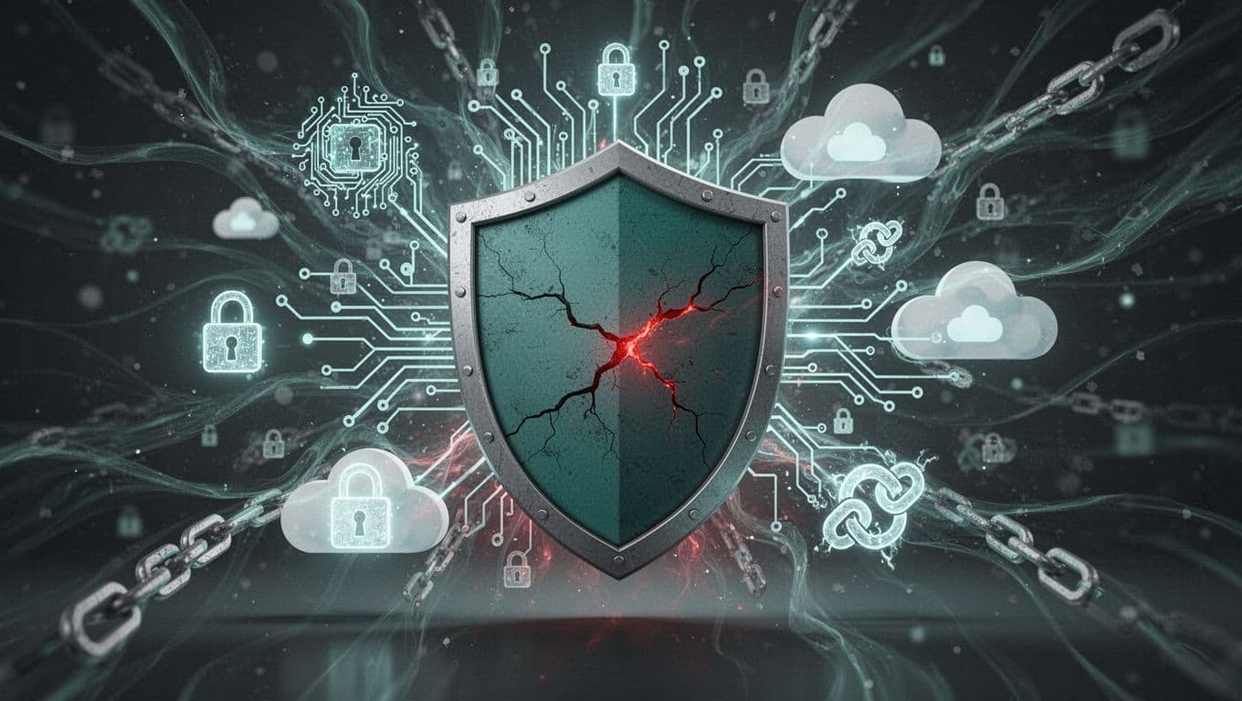 Abstract AI, ransomware, cloud symbols and chains encircle green startup shield with red crack in digital network.