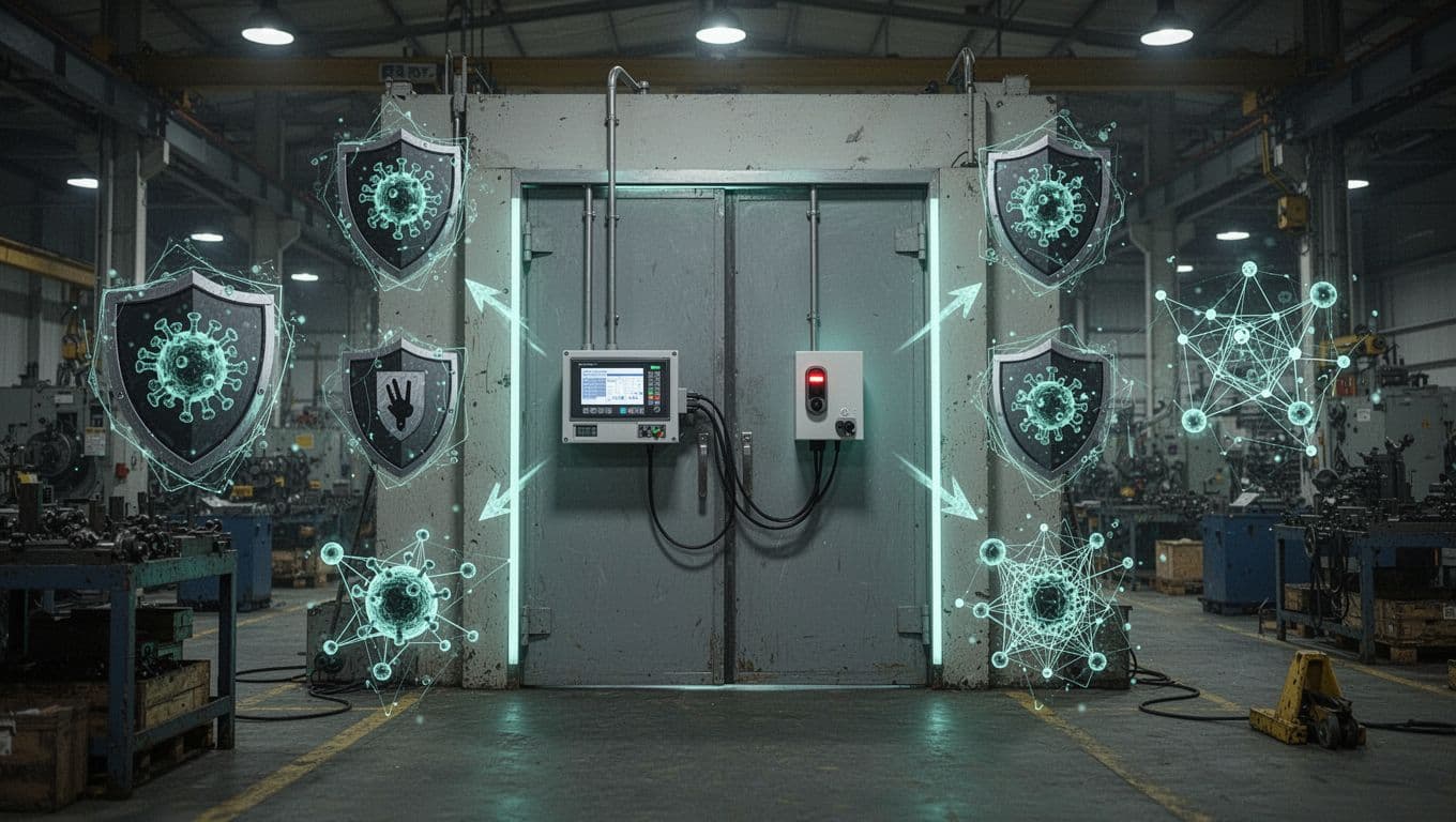 Locked factory door with exposed PLC and sensor devices surrounded by threat icons like lock pick, virus cloud, and network arrow in dim light.