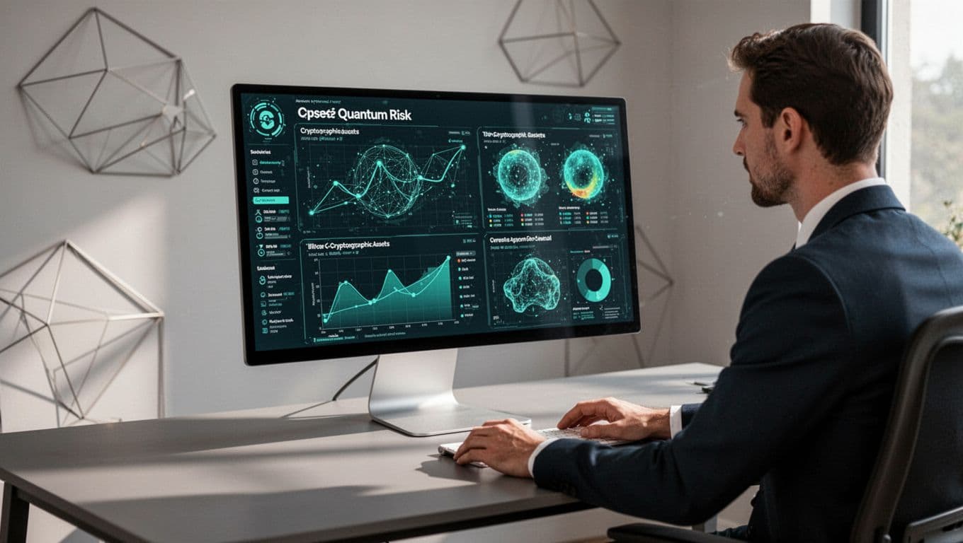 Cybersecurity professional at modern desk views dashboard with cryptographic inventory charts and quantum risk heatmaps.