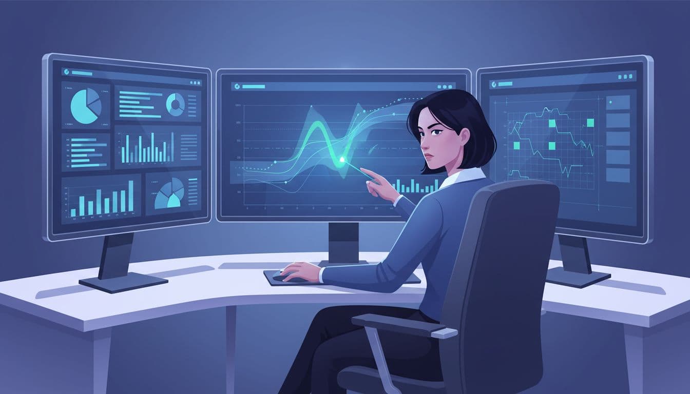 Cybersecurity analyst at desk in SOC points at anomaly on central monitor showing SIEM dashboard, surrounded by network graphs and MITRE matrix on three screens.