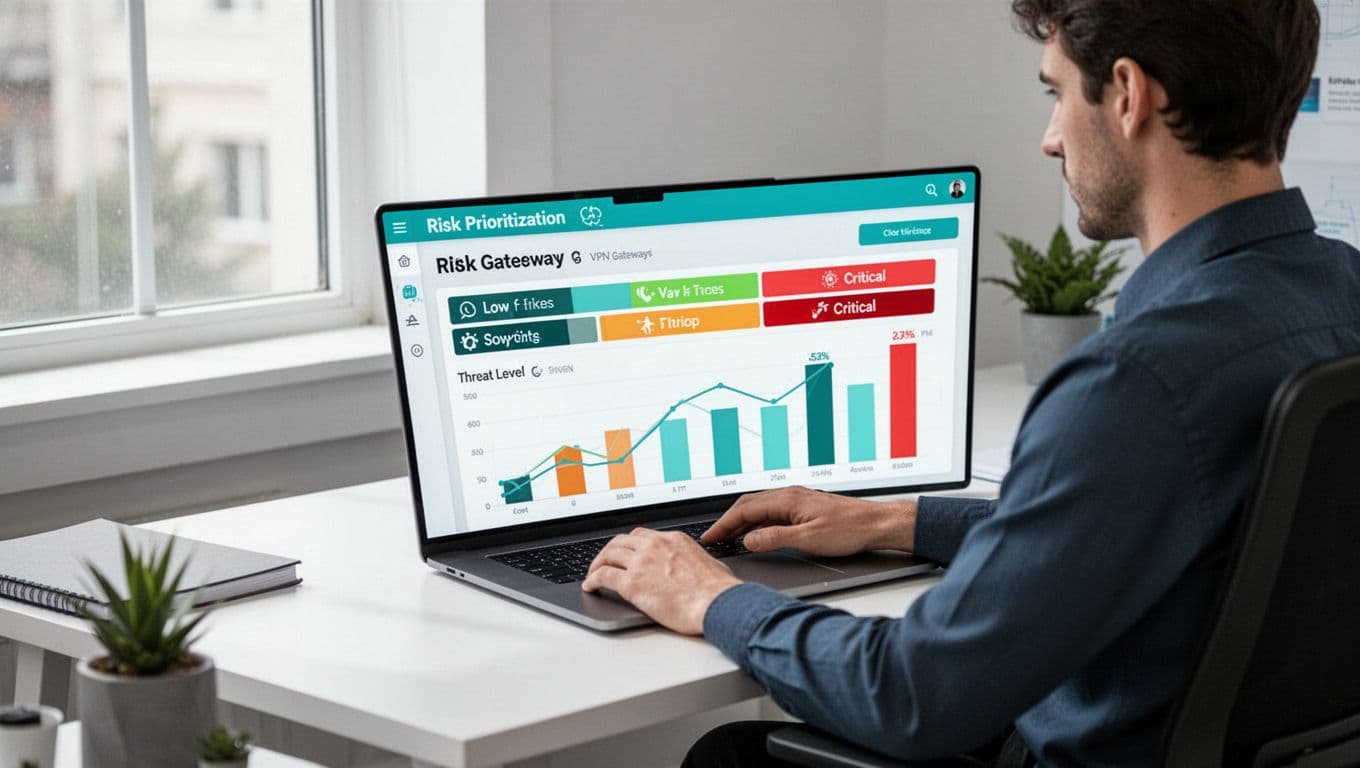 Cybersecurity analyst at desk views dashboard with color-coded VPN gateway threat levels from low to critical.