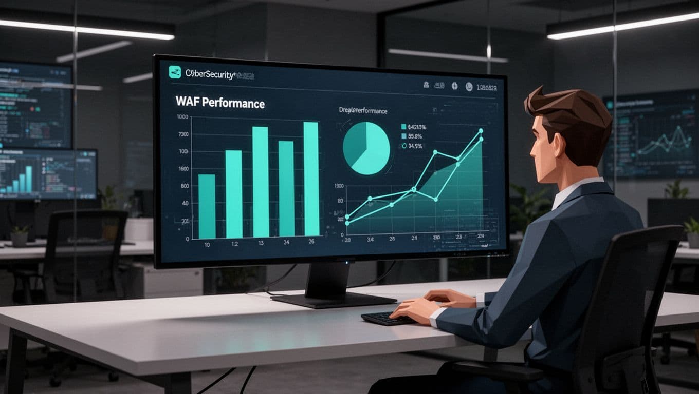 Cybersecurity analyst at desk in modern office views large monitor displaying WAF metrics dashboard with bar graph, pie chart, and line graph.