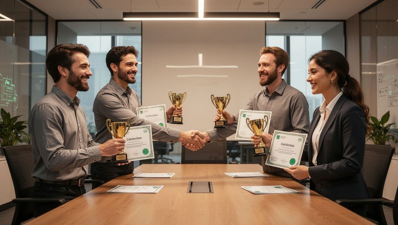 Four blue team members receive awards and handshakes at conference table with trophies and certificates.