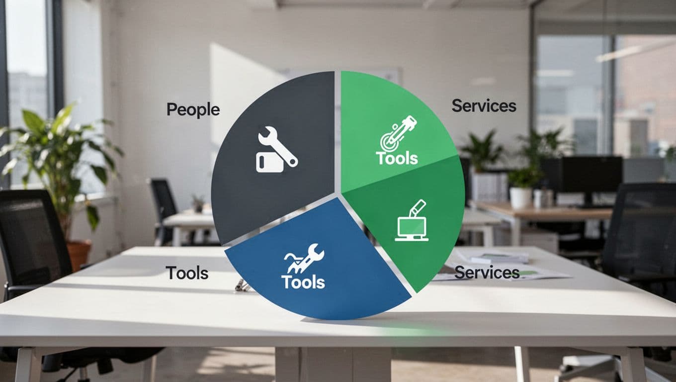 Pie chart shows cybersecurity budget categories for people, tools, and services in office setting.