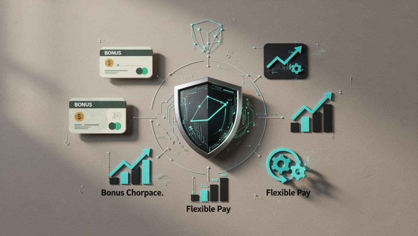 Bonus check, stock icons, and flexible pay symbols arranged around a central cybersecurity badge on neutral background.