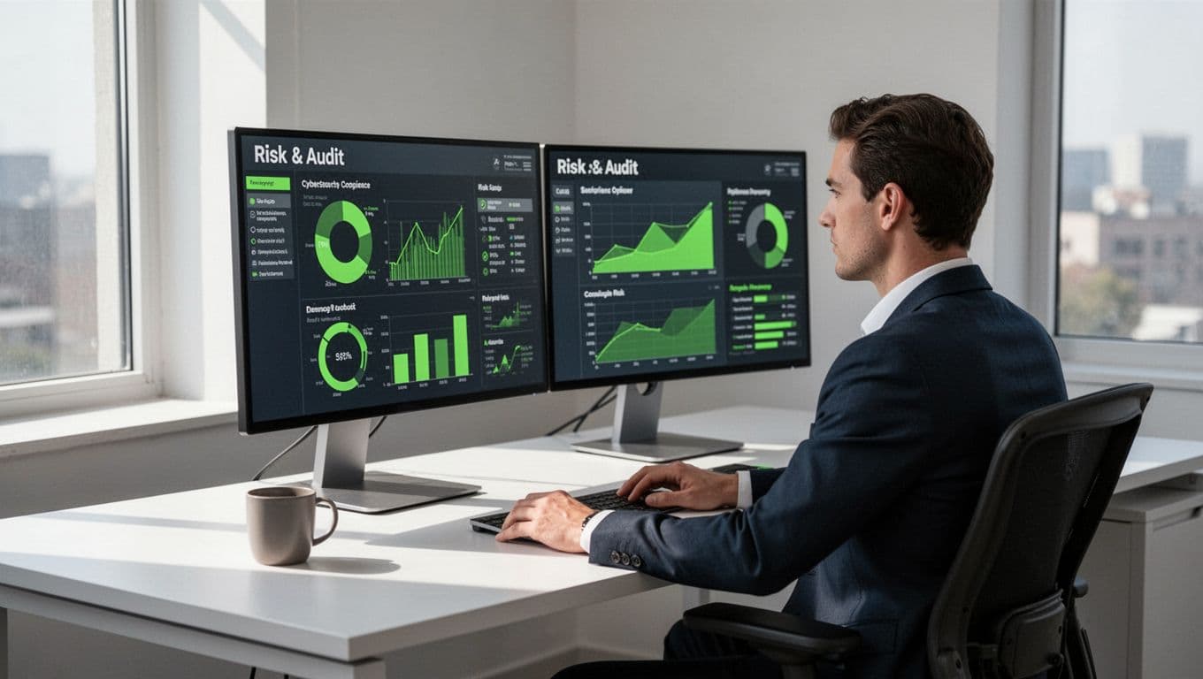 Compliance officer at modern desk views risk and audit charts on dual screens with coffee mug nearby.