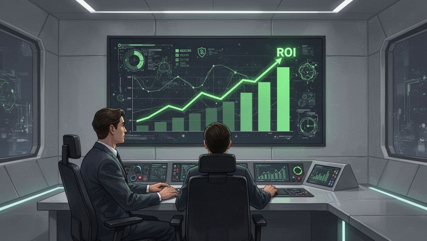 Seated analyst views large screen dashboard with abstract charts of dropping phishing rates, high ROI bar, and risk scores in modern control room.