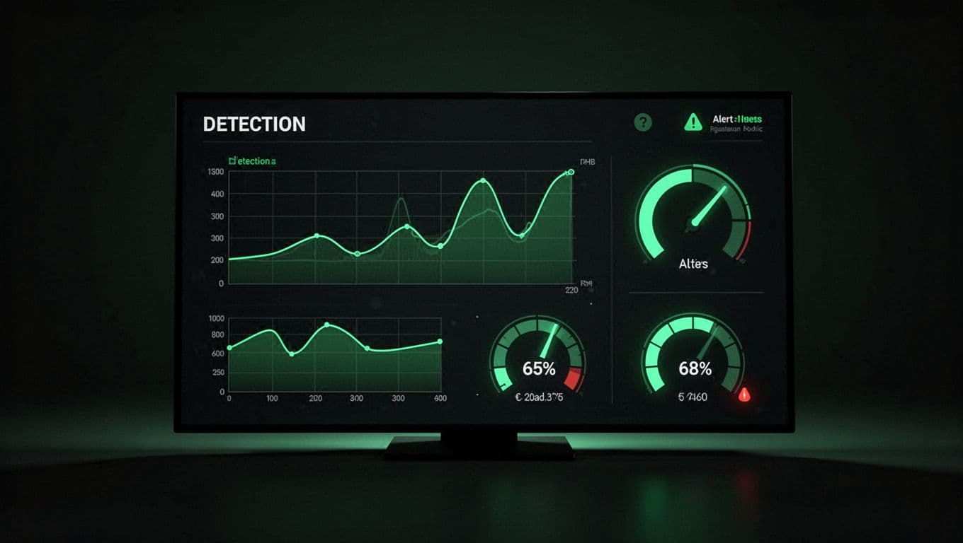 SOC dashboard displays EDR alerts and coverage via green-accented graphs and gauges on dark background.