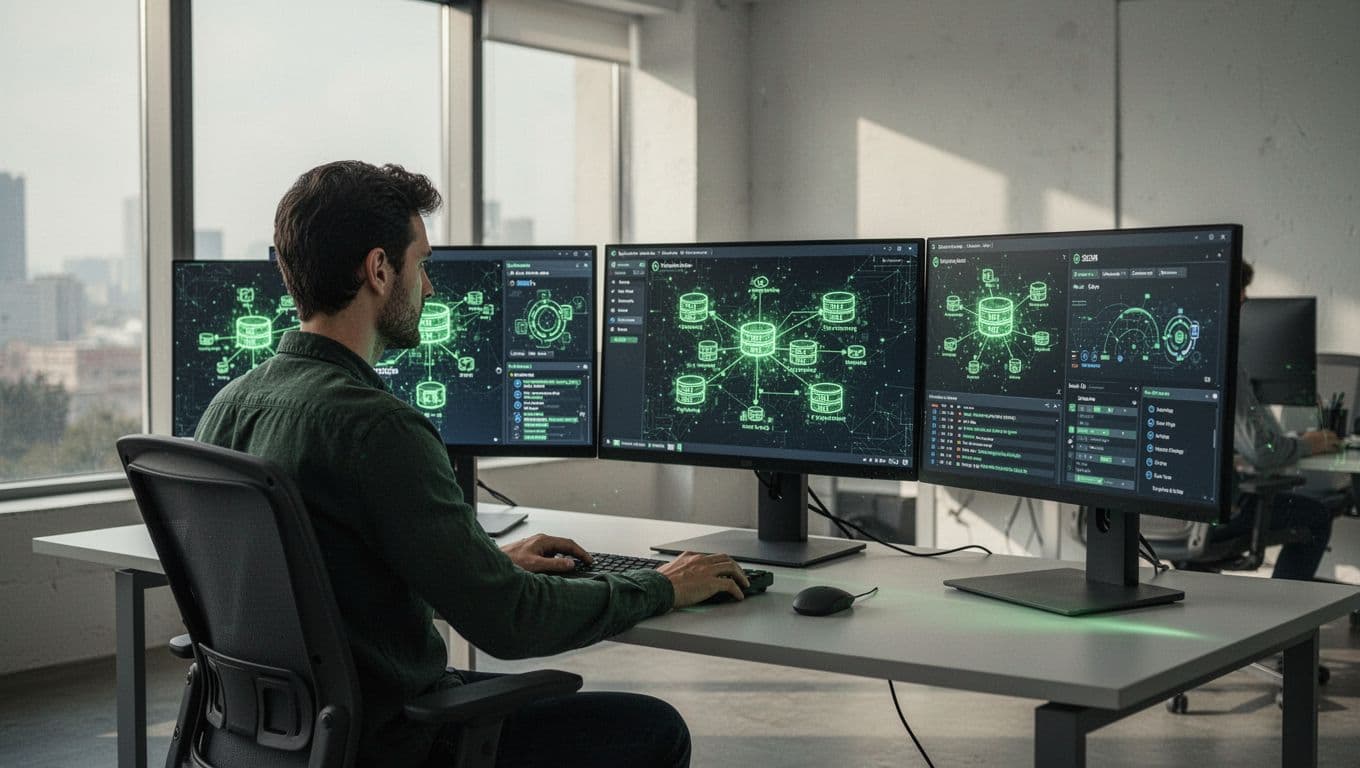 Cybersecurity engineer at desk configures decoys on screens showing network diagrams with green-highlighted fake servers and lures.