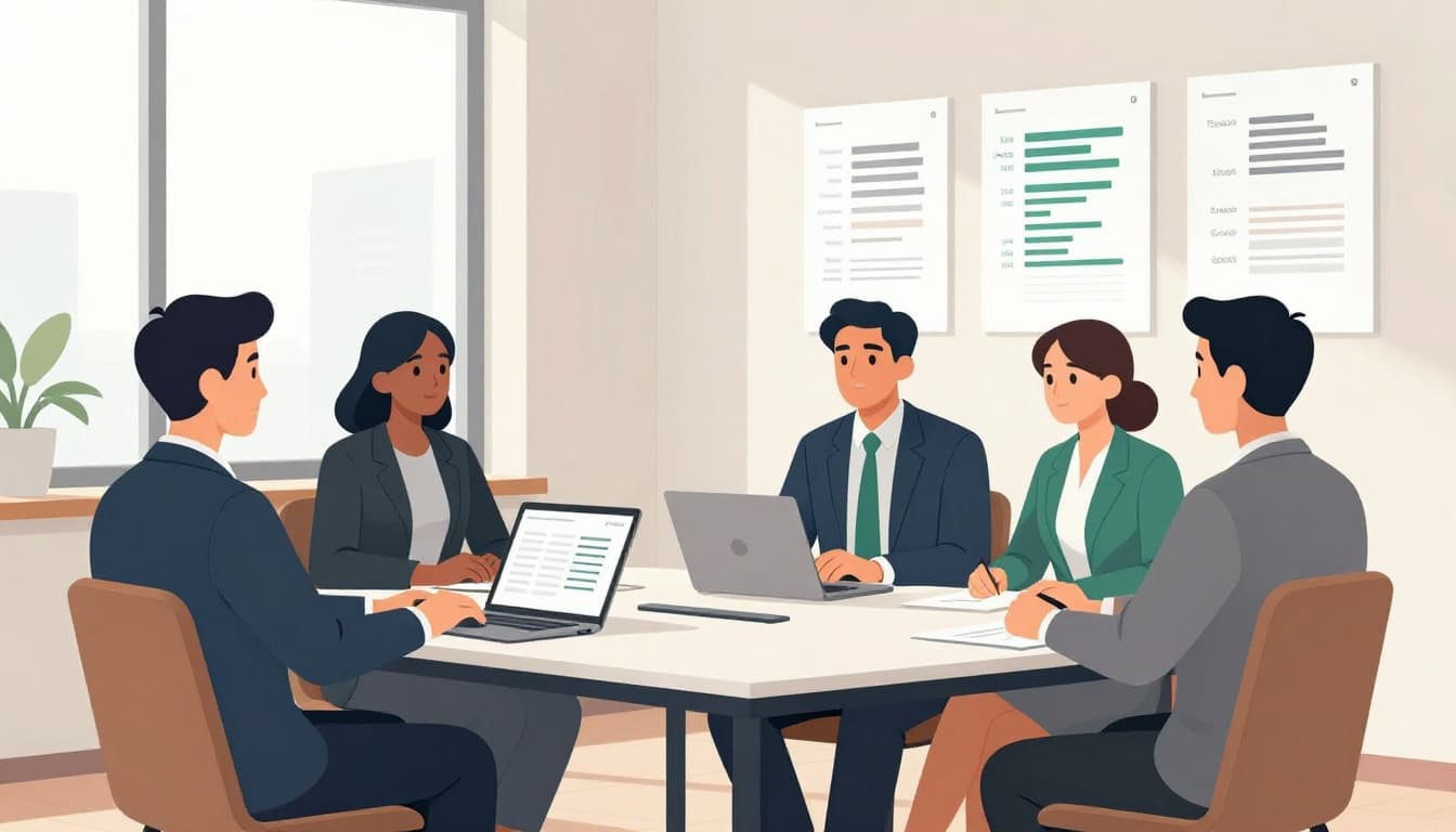 Four suited executives sit relaxed in modern conference room with angled laptop and wall charts.