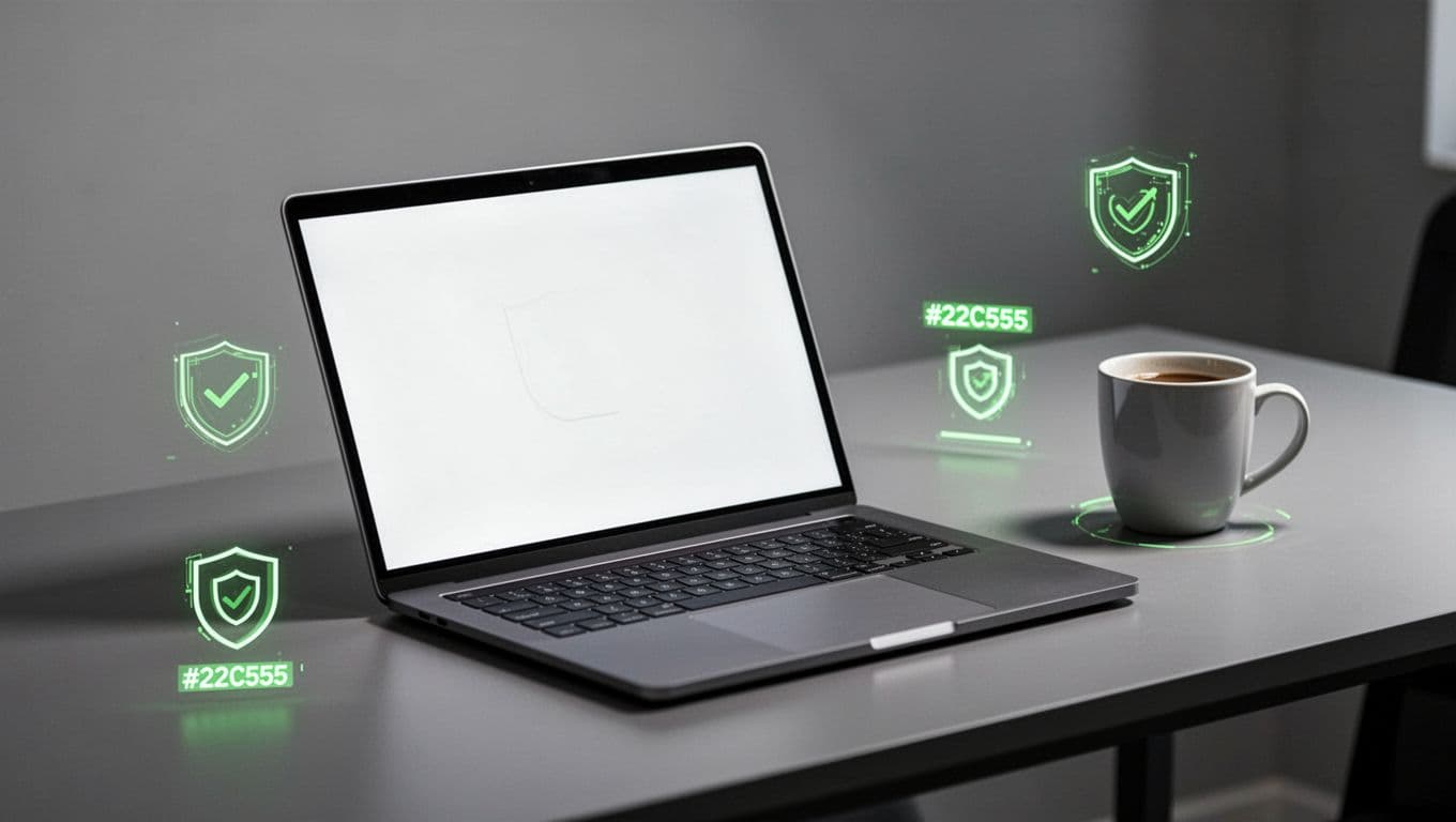 Laptop screen angled away shows blank form outline with nearby lock, shield, and timeline icons on desk with coffee mug.