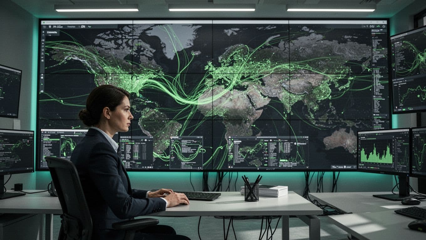 A calm analyst monitors digital threat maps and data flows in a modern, organized operations center.