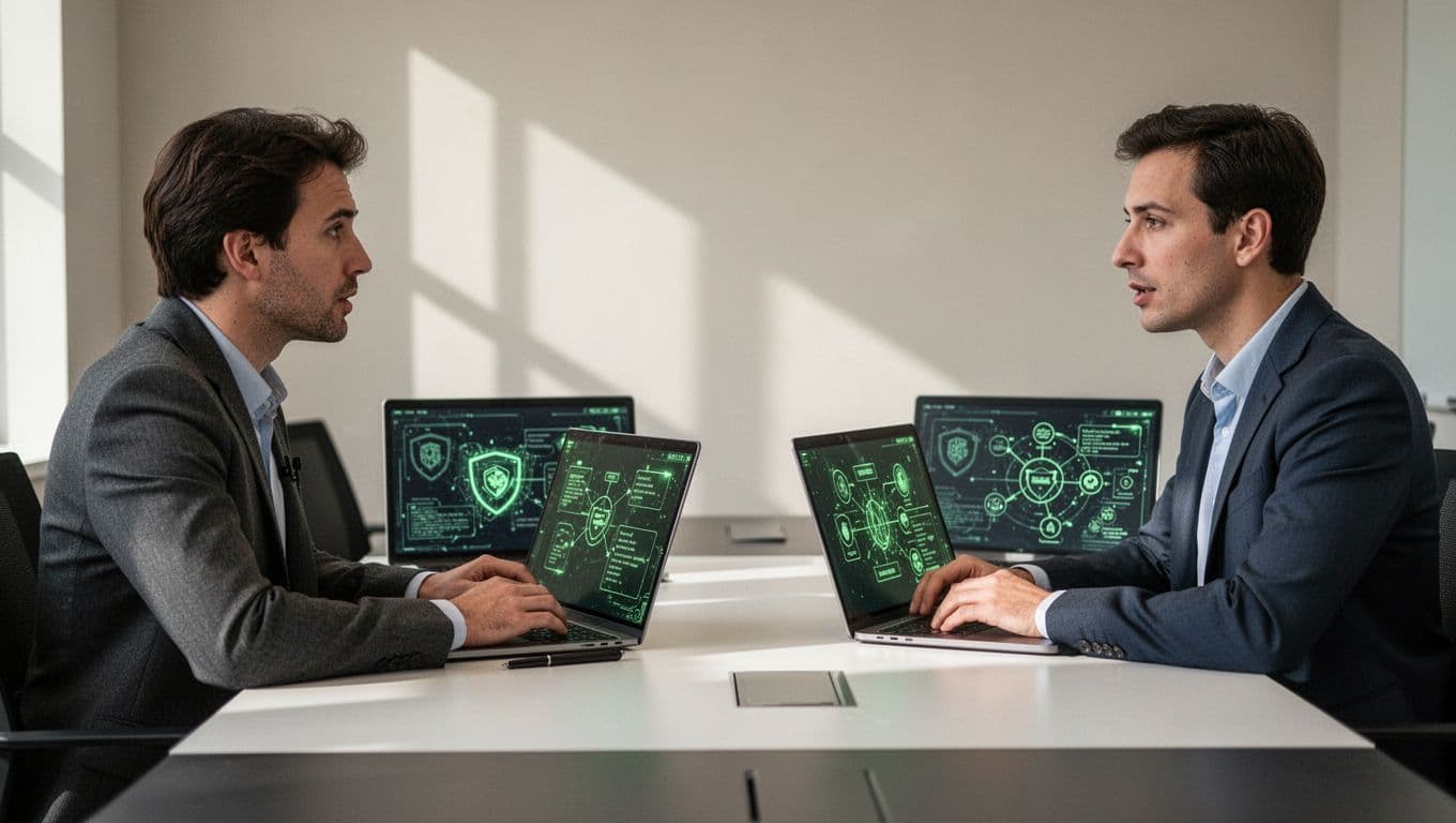 Side view of two professionals across conference table, laptops show abstract MITRE ATT&CK matrix.
