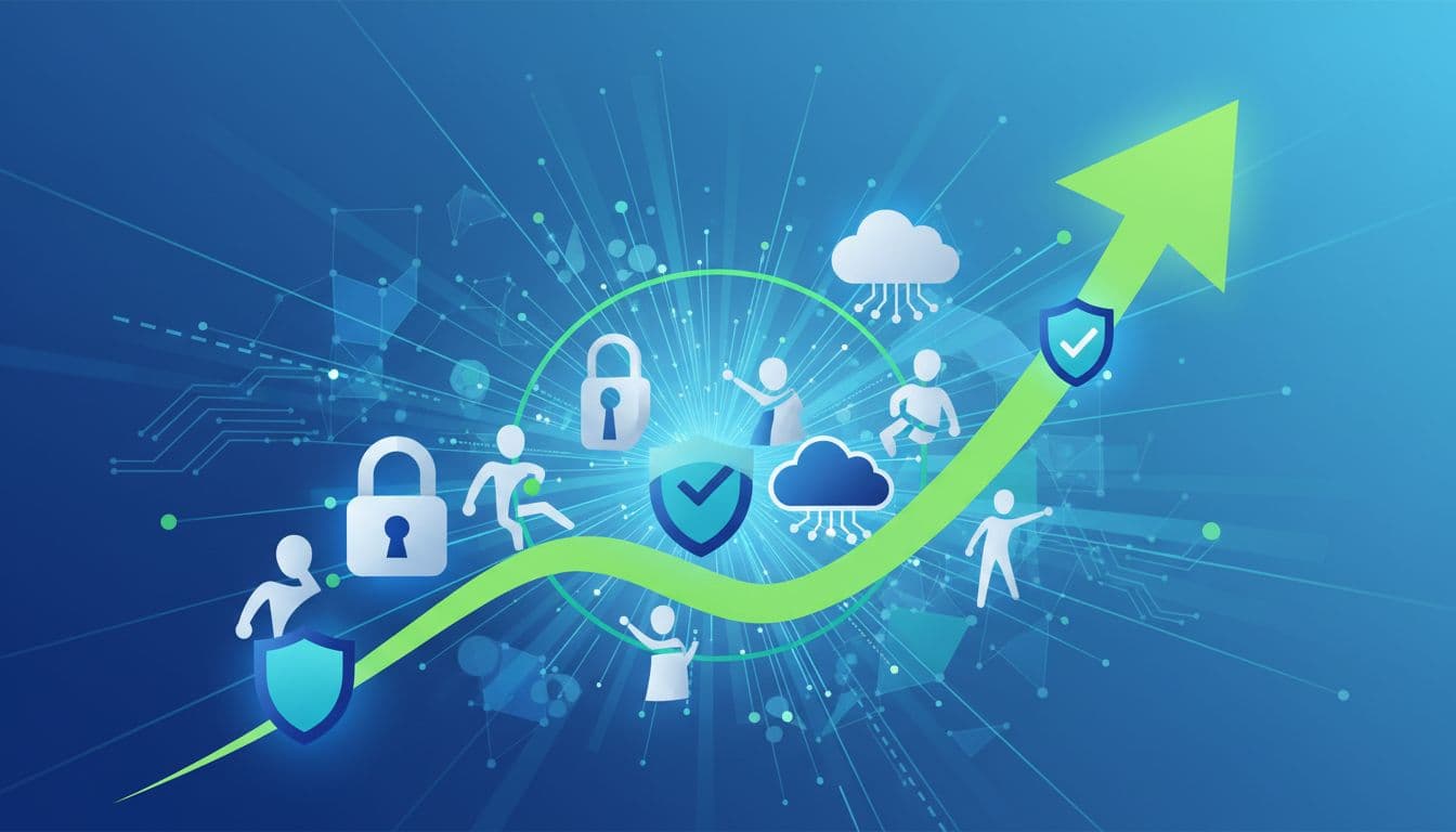 Upward arrow graph with locks, shields, cloud, and figure icons showing dynamic cybersecurity trends.