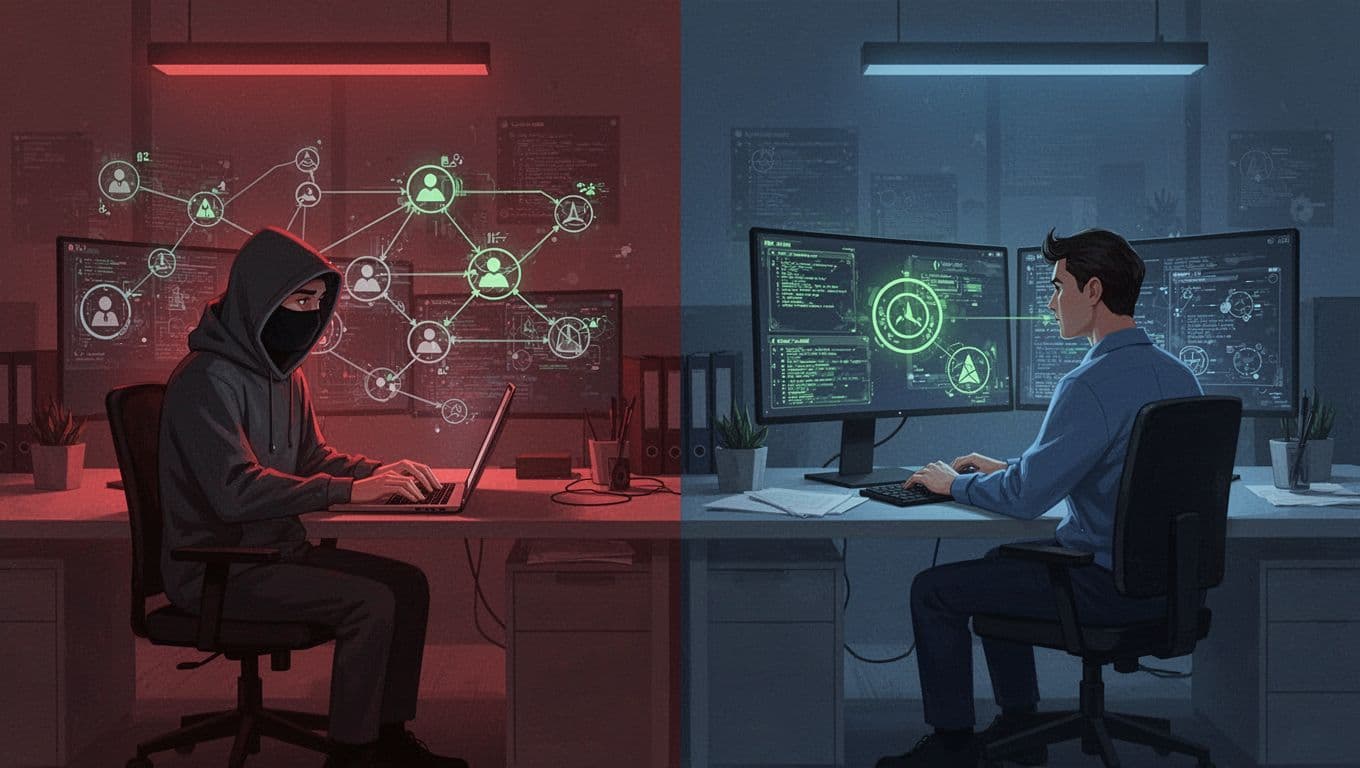 Hacker at laptop beside blue team analyst monitoring SIEM alerts in dim office.