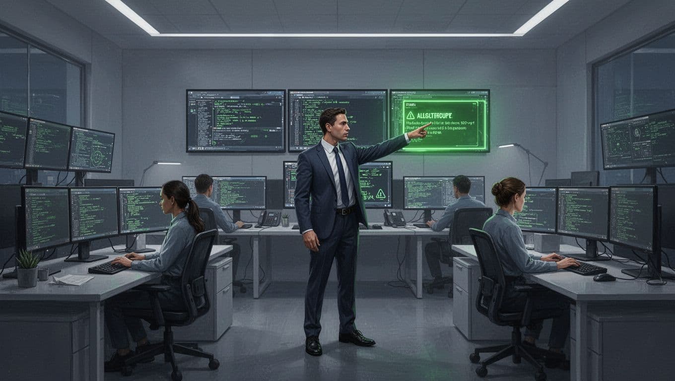 Team lead points at key alert on multiple screens with two analysts in modern SOC room.
