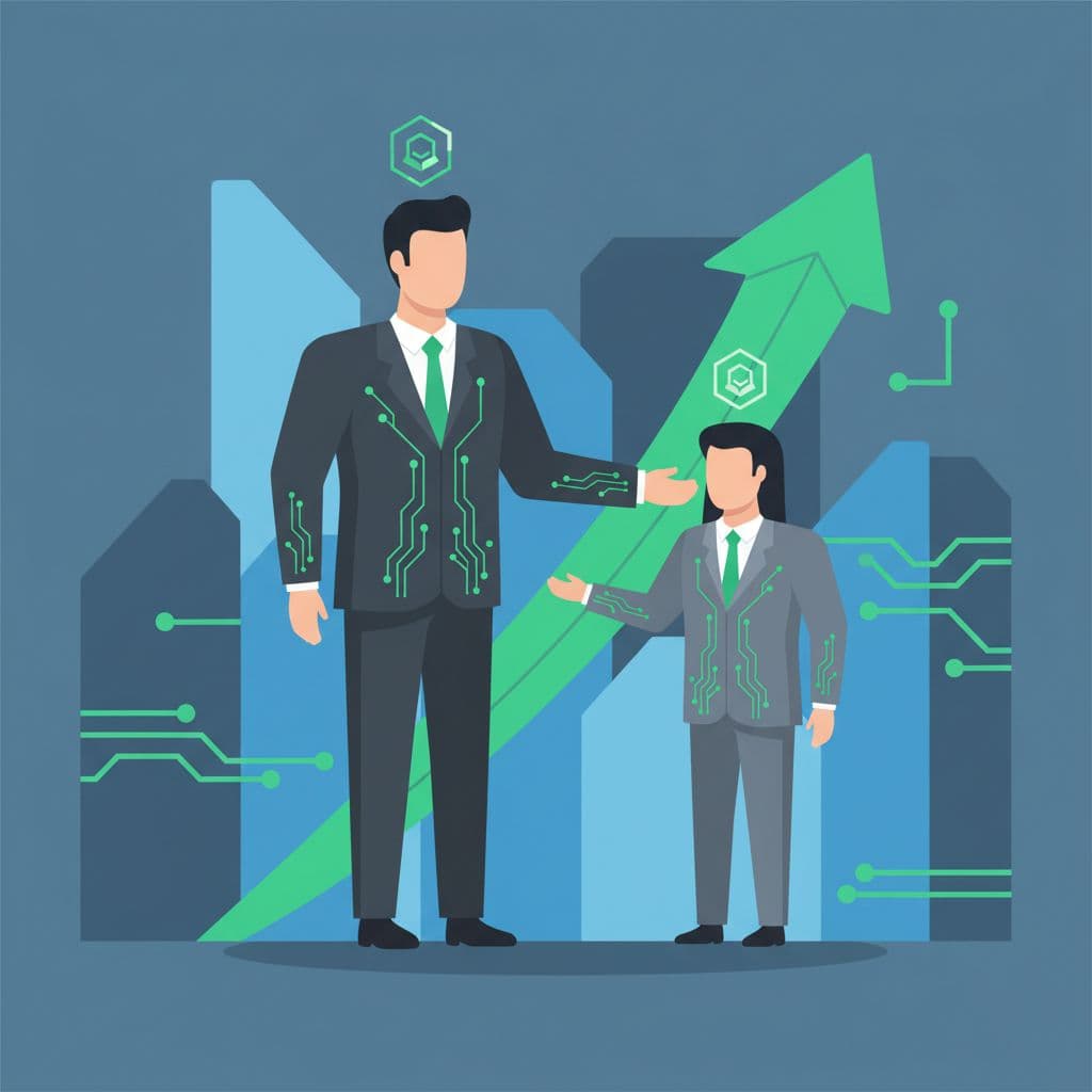 A cybersecurity professional mentors a new colleague in a modern, clean office setting.