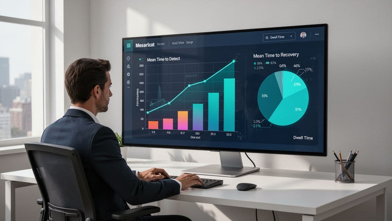 Analyst at desk views dashboard with decreasing MTTD line graph, MTTR bar chart, and dwell time pie chart in clean office.