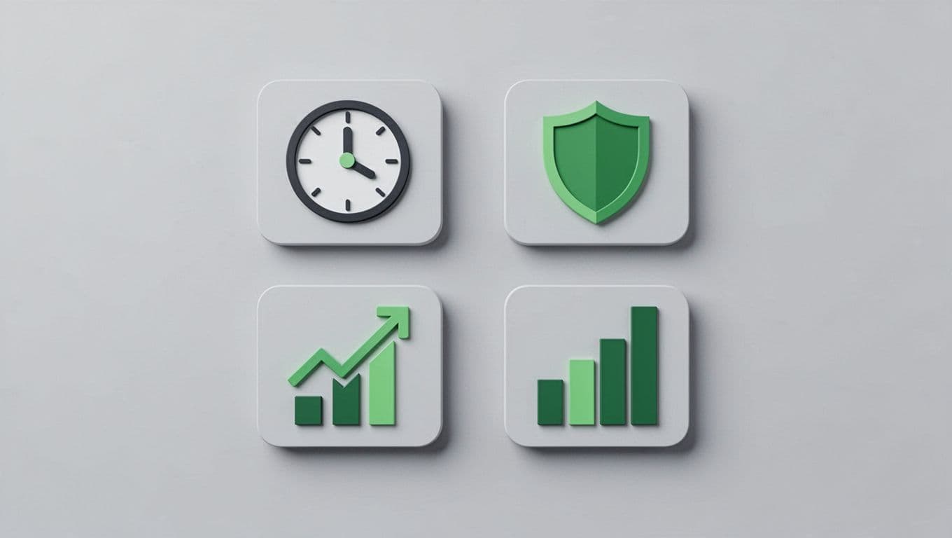 Four icons in a grid on light gray background: clock, shield, upward arrow graph, bar chart with green accents.