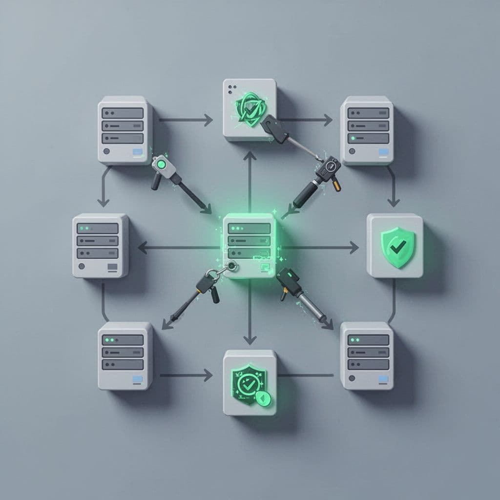 Network map with servers, green NTLM LDAP Kerberos icons, and arrows showing scanning probes on gray-blue background.
