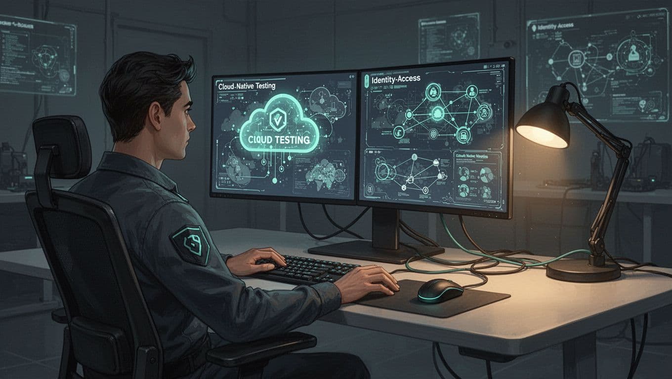 Cybersecurity operator at ergonomic desk with dual monitors showing abstract cloud testing icons and access graphs.
