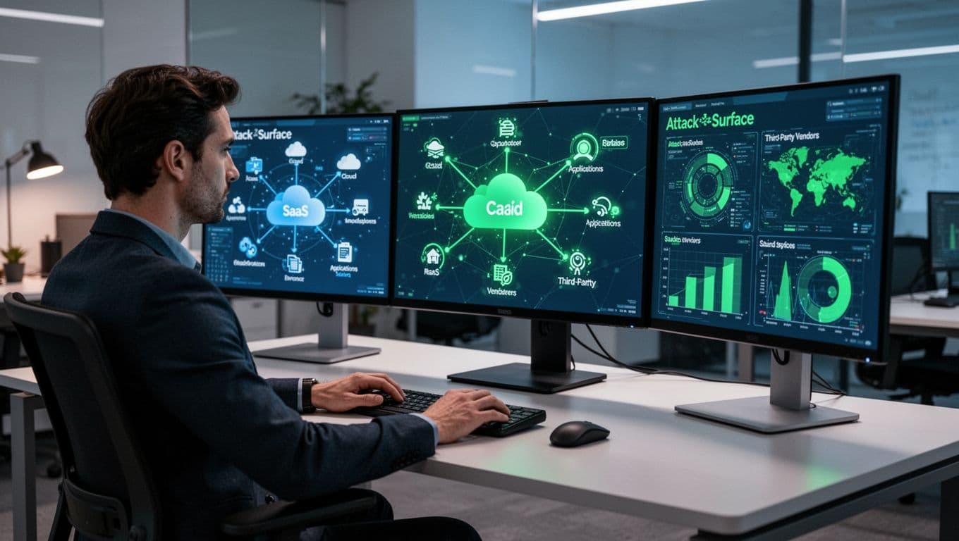 Cybersecurity professional at modern desk views three screens showing interconnected nodes for cloud services, SaaS apps, vendors, and risk heatmaps.