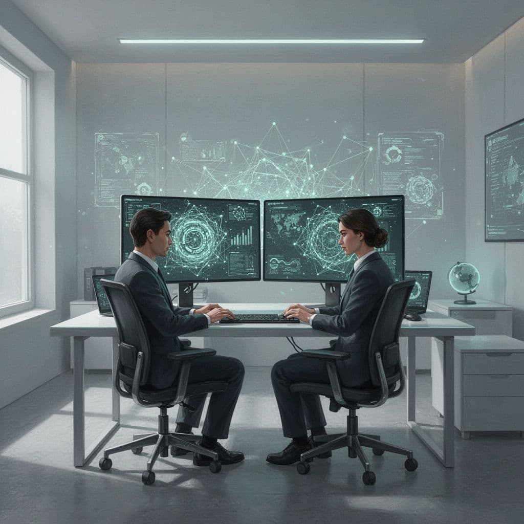 A professional analyst monitors glowing network data patterns on dual screens within a modern, bright office.