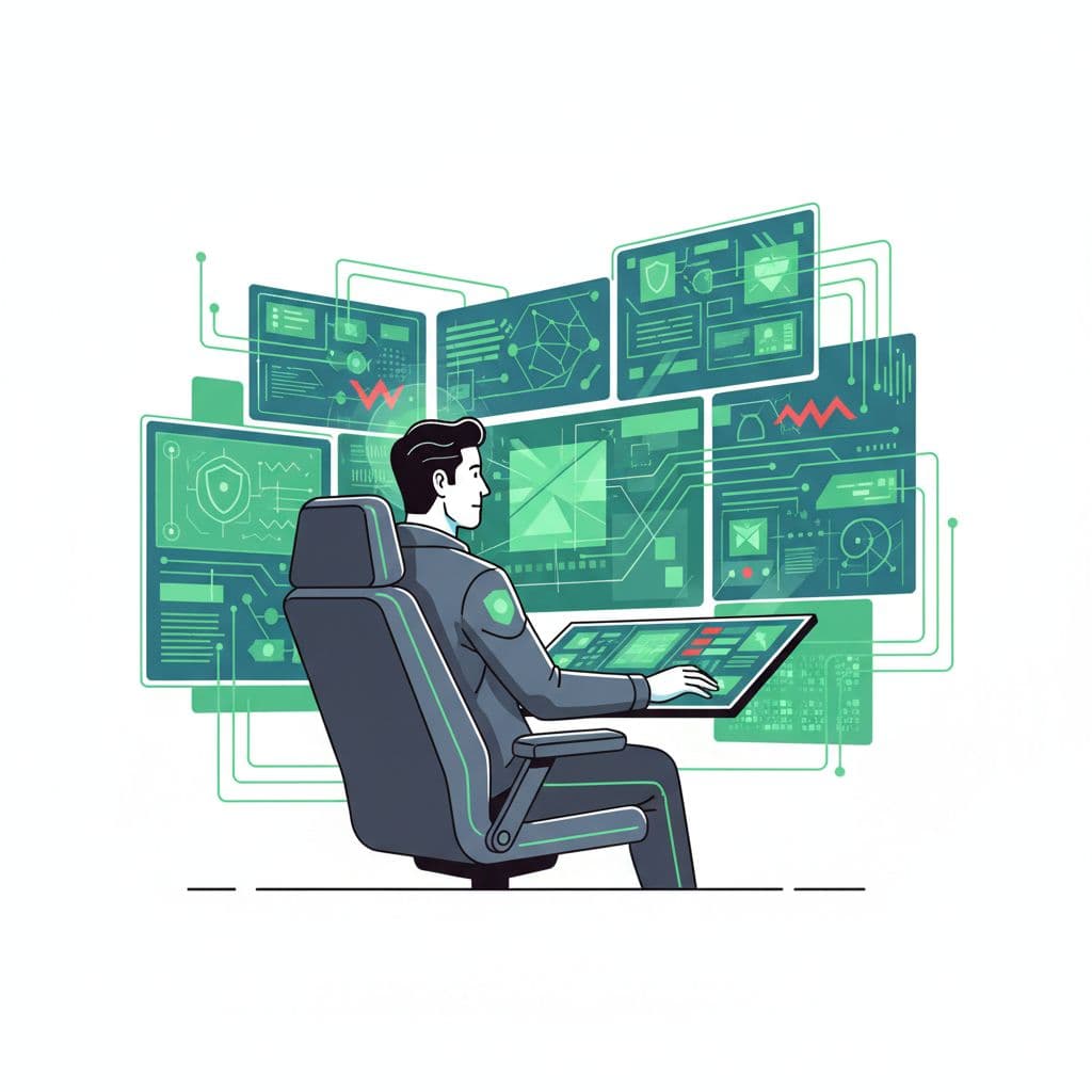 Cybersecurity professional monitors complex data networks on large screens with green accents on white background.
