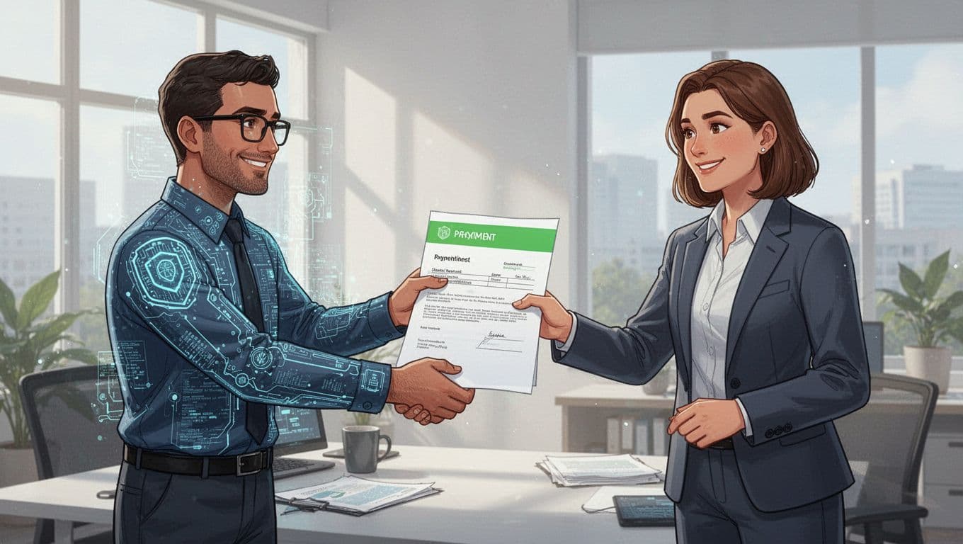 Cybersecurity professional shakes hands with manager over bonus check in office.