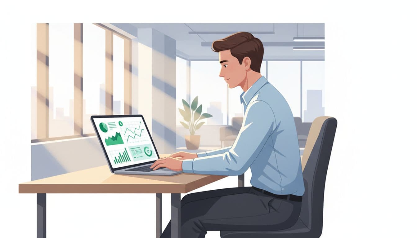 Analyst in professional attire at desk in bright office, hands on laptop showing risk charts and Monte Carlo graphs.