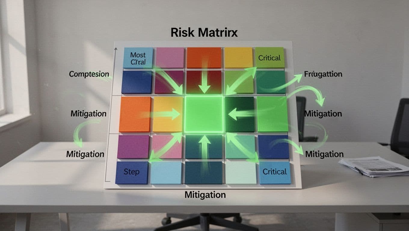 Board shows cybersecurity risk matrix with green-highlighted critical risks and arrows to mitigation steps on simple office background.