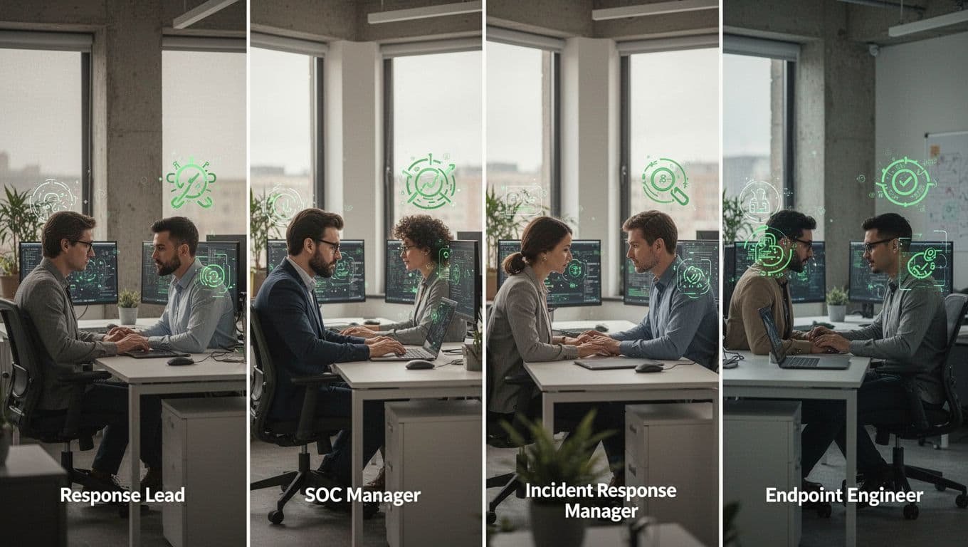 Four figures at workstations depict endpoint response lead, SOC manager, IR manager, and endpoint engineer with role-specific icons.