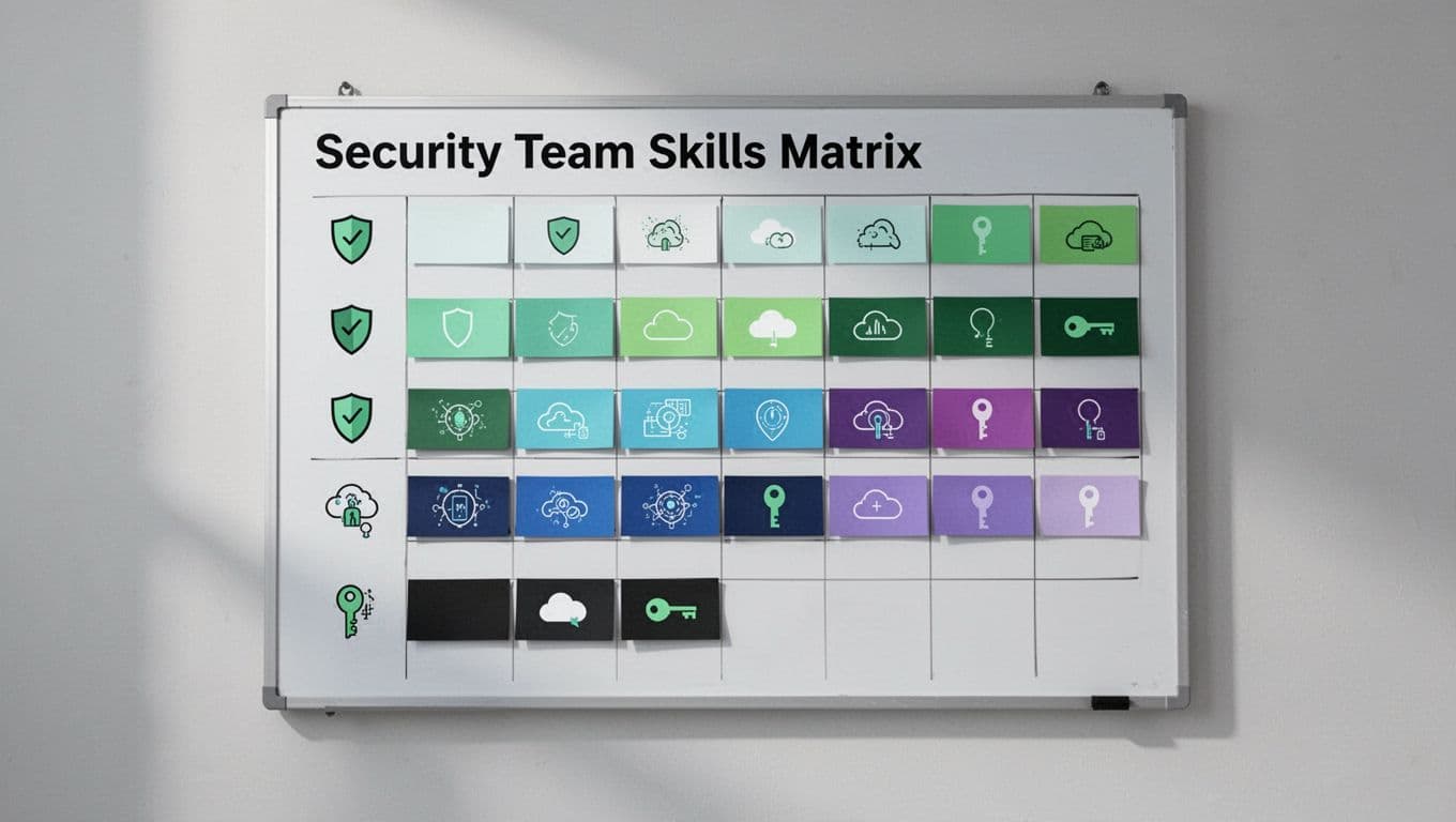 Grid board with icons for cloud security, identity management, and threat analysis, color-coded blocks showing skill levels.