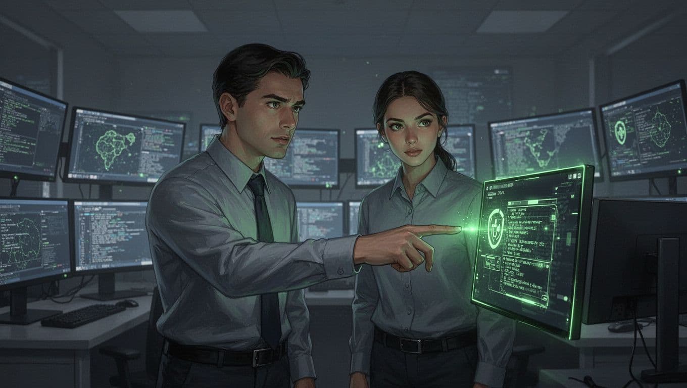 Two diverse professionals in SOC room monitor screens as leader points to green alert amid tension.