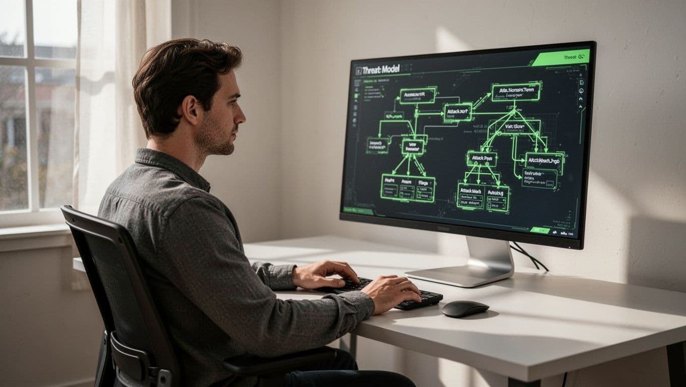 Cybersecurity professional at desk examines threat model diagram on large screen showing data flows and attack trees.