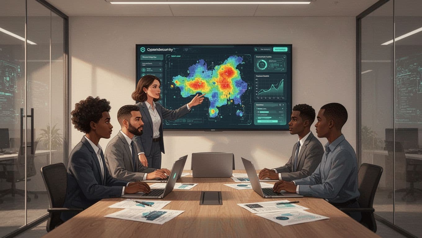 Three diverse professionals collaborate in conference room, one points at wall screen showing risk dashboard heatmap, laptop and notes on table.