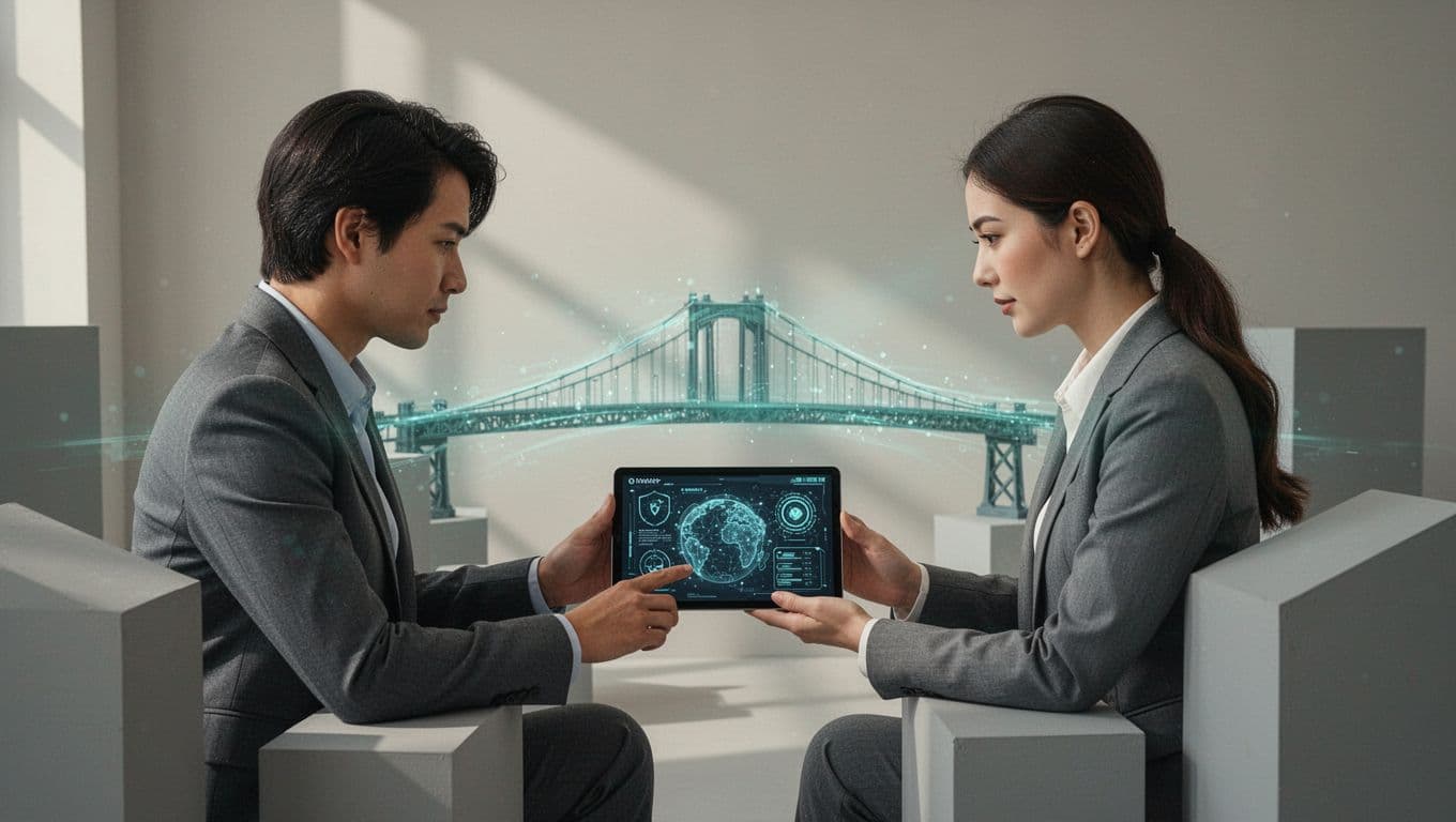 Two professionals work together on geometric cybersecurity elements, connected by green bridge graphic on neutral background.