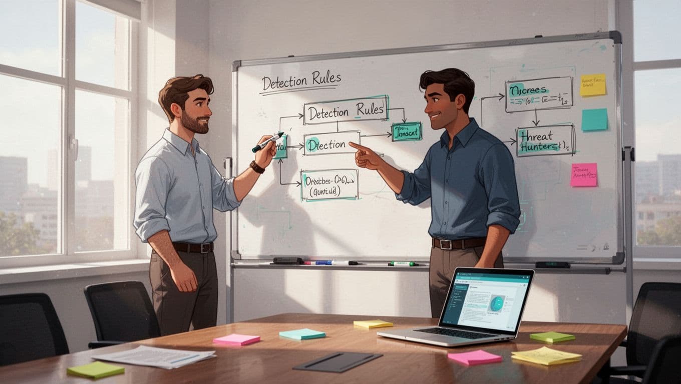 Detection engineer sketches rule logic at whiteboard as threat hunter, IR analyst discuss tactics, and security engineer reviews code in conference room.