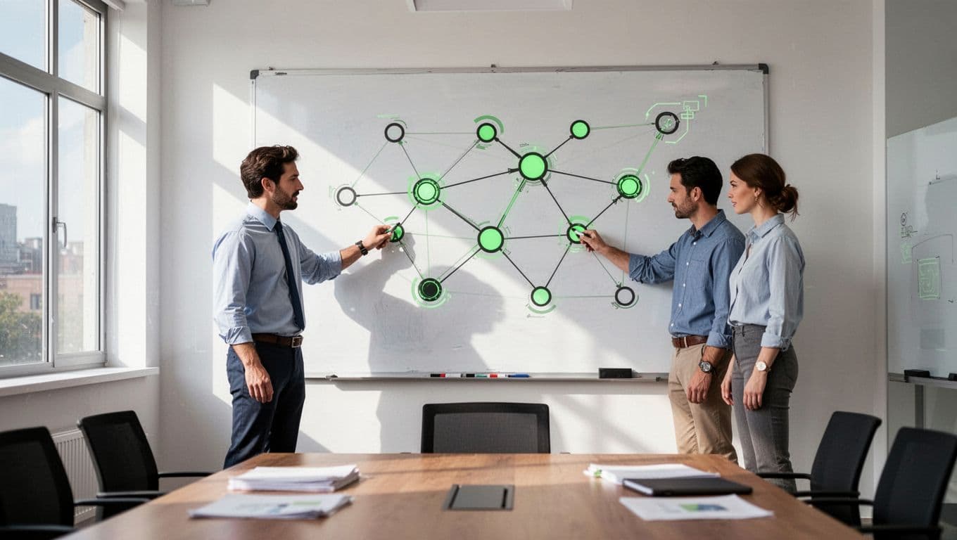 Two professionals draw a network diagram on a whiteboard in a modern office.