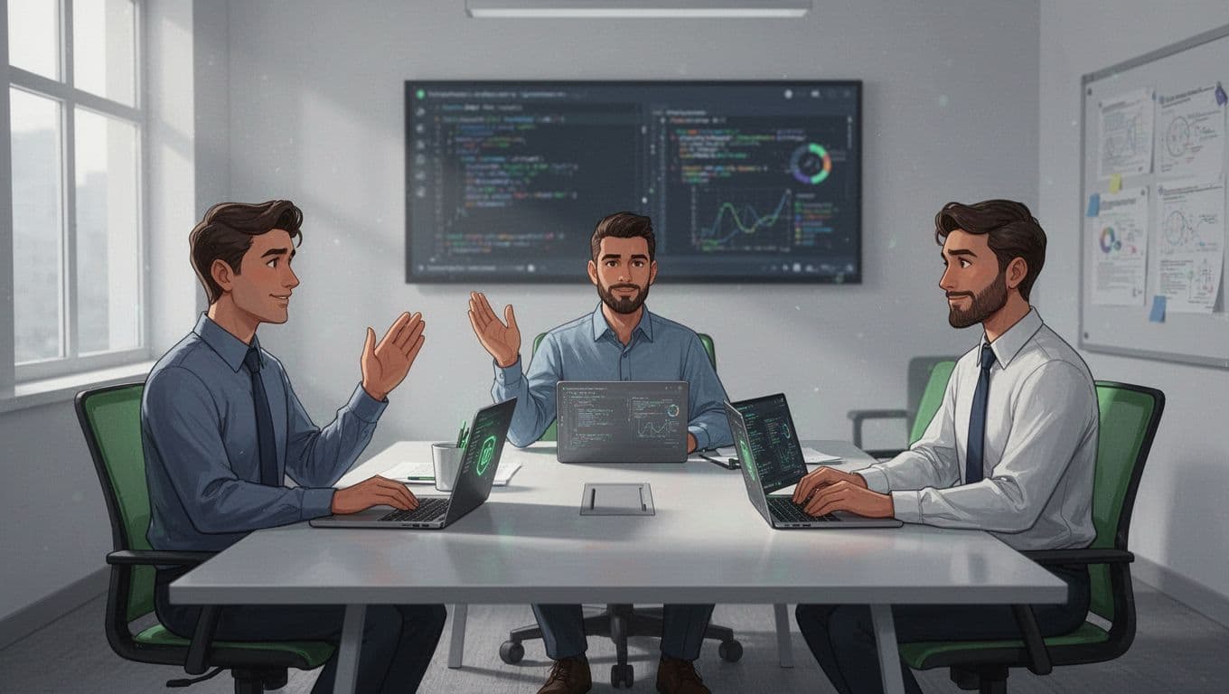 Two cybersecurity professionals interview a candidate in a conference room, laptops open to blurred screens, relaxed poses with hand gesture.