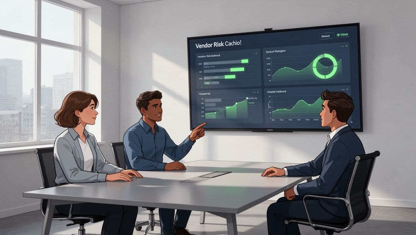 Three cybersecurity professionals discuss around a conference table with a wall screen showing vendor risk dashboard.