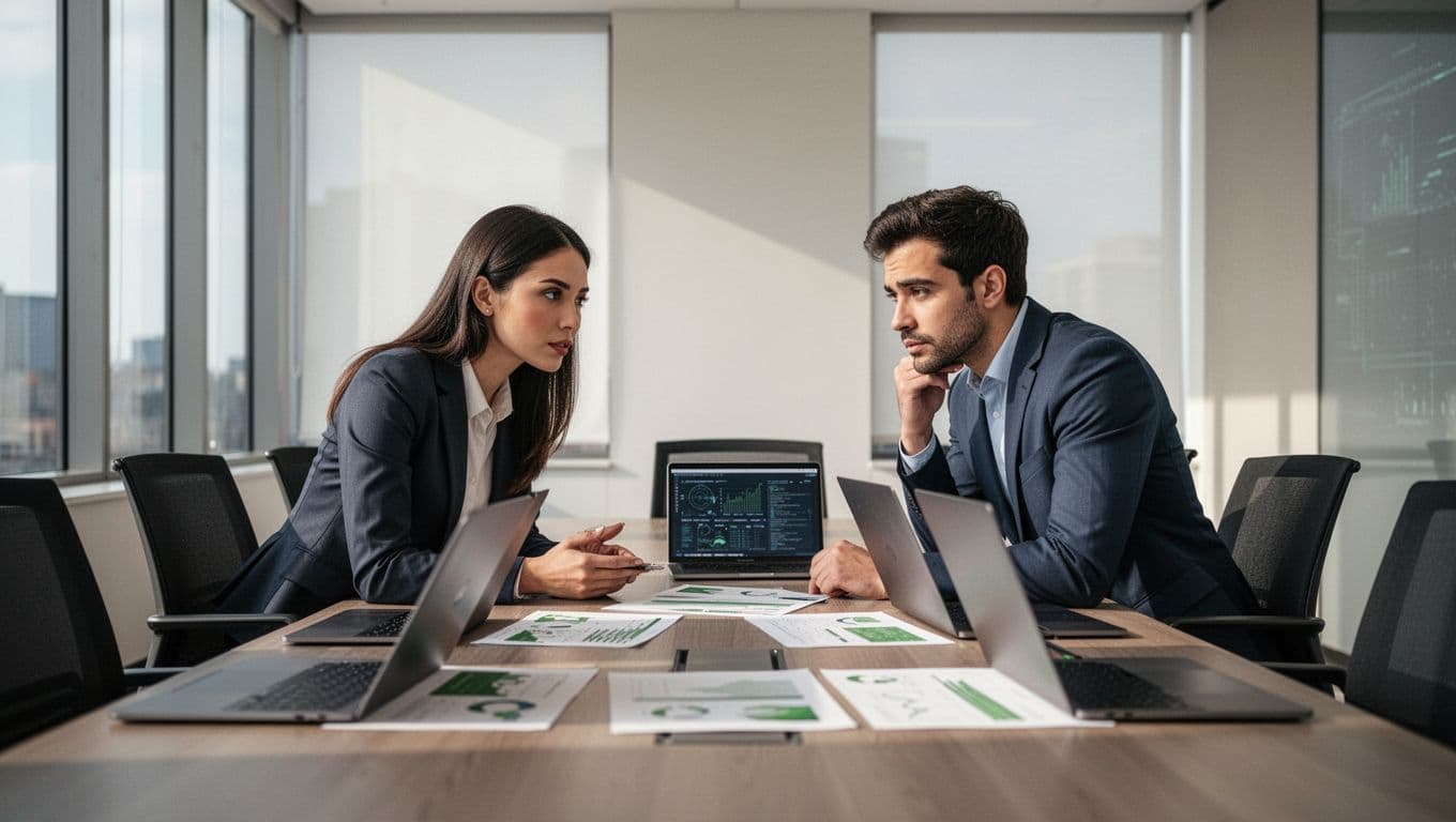 Two professionals discuss threat intelligence reports at a conference table with laptops.